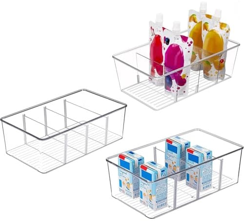 AIYULONG Plastic Pantry Organizers and Storage Bins with 3 Removable Dividers – Perfect kitchen storage & organisation – fridge & draw organisers, freezer storage boxes (3 PCS)
