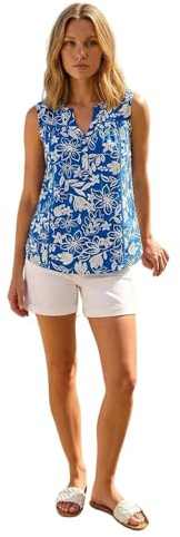 Roman Originals Sleeveless Shirt for Women UK Ladies Vest Tank Top Summer Smart Blouse Stretchy Jersey T-Shirt Casual Spring Holiday Party Beach Vacation Notch Neck - Blue Floral - Size 18