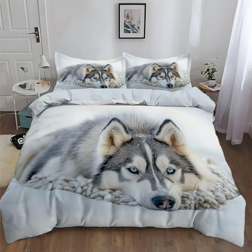 Srigzcaly Bettwäsche 135x200 cm Hellgrau, Bettwäsche-Set Schnee Tier Hund Husky, Microfaser Bettbezug bügelfrei & weich - Wendebettwäsche und Kissenbezug mit Reißverschluss