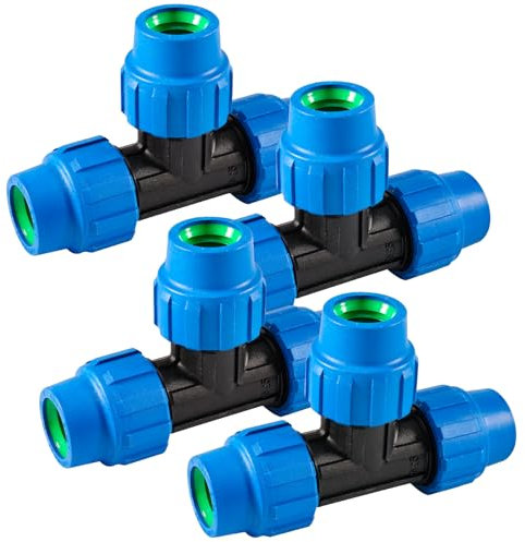 4 Stück PE Rohr Fitting, T-Stück Kunststoff Kupplung, 25mm x 25mm x 25 mm Verschraubung,T Stück für Wasserleitung für PE80 PE100 Rohre, Klemmverbinder, für Wasserversorgung, Gartenbewässerung