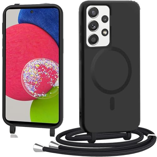 Spdymo für Samsung Galaxy A52s 5G / A52 5G / 4G Hülle mit Band, Magnetisch Handyhülle für Samsung A52 Handyband Silikon TPU Schutzhülle zum Umhängen Kordel Necklace Kette Stoßfest Case, Schwarz