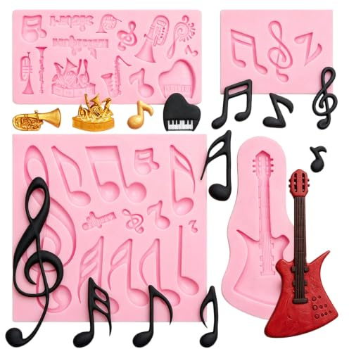Silikon-Gummibonbon-Formen in Notenform, Musikmotiv, 4er-Set, rosa | Verschiedene Designs wie Gitarre, Saxophon und mehr, geeignet für Tortendekorationen, Themenpartys und Cupcake-Verzierungen