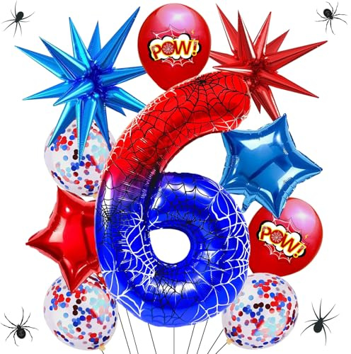 Spider Kindergeburtstag 6 Jahre, 10 Stück Luftballon Geburtstag Spinnen, 40 Zoll Zahlen 6 Folienballon, für Jungen Spider Thema Party Geburtstag Deko