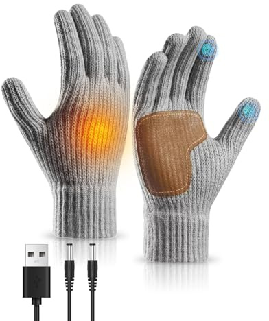USB Heated Gloves for Women, Non-silp Winter Thermal Knitted Gloves Touch Screen 5V Full Finger Electric For Driving Running Indoor Outdoor (Grey)