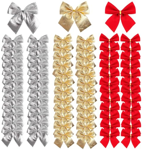 JURENEE 72 Piezas Lazos Arbol Navidad, Lazos Navidad de Tela Preferidos, Moños de Navidades Reutilizables, Lazo Decorativos Festivos, Calidad Fina, Adecuados para Decorar (Oro, Rojo, Plata)