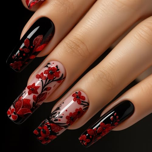 Elegant Red Floral Press On Nails Almond Shape Fake Nails Set - 24PCS Glossy Black Coffin Short Almond False with Striking 3D Cherry Blossoms Handmade Acrylic Tips Stick On for Parties Weddings