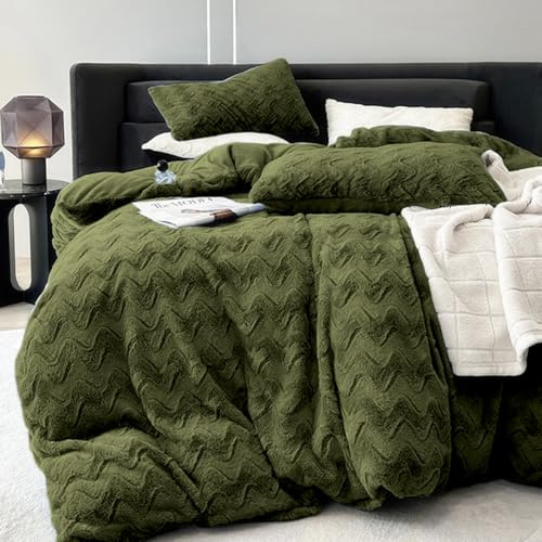 Lanqinglv Winter Bettwäsche 135x200 Olivgrün - Flauschig Bettbezug mit 1 Kissenbezüge 80x80 cm, ÖKO-TEX Winterbettwäsche 135x200 Plüsch Warme Bettbezug mit Reißverschluss