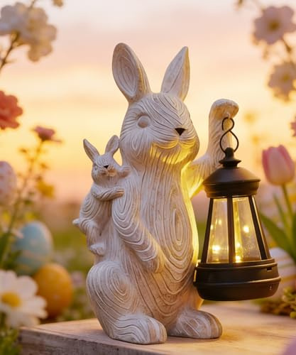 Yeomoo Kaninchen Deko mit Solar Laterne Gartendeko für Draußen Geschenke | Lustige Hasen Mutter mit Baby Gartenfigur, Geschenke für Frauen Mama Ostern, Wetterfeste Balkon Terrasse Zimmer Deko