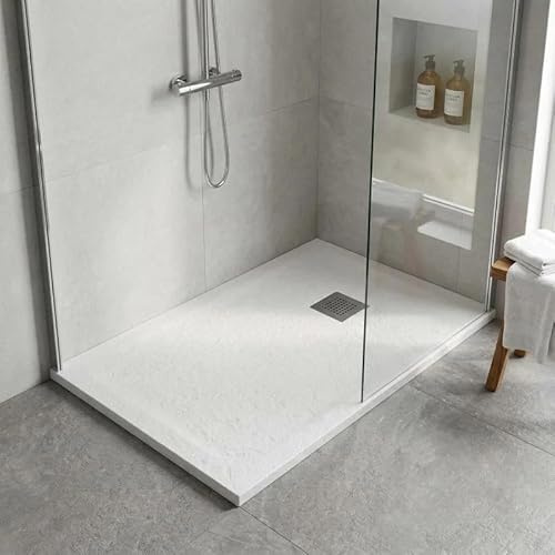 Piatto Doccia MALAGA in Marmoresina Bianco 80x140x4 cm Quadrato con Griglia Inox e Piletta Inclusa – Effetto Pietra, Ultrasottile, Resistente e Facile da Pulire