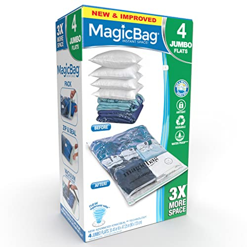 MagicBag Smart Design Instant Space Saver Storage - Flat Jumbo - Set of 4 Bags Total - Airtight Double Zipper - Vacuum Seal - Clothing, Pillows - Home Organization