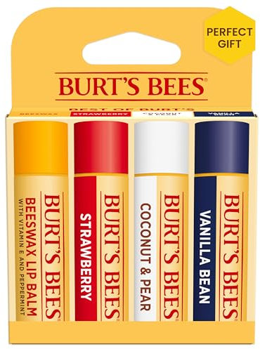 Burt's Bees Balsamo per le labbra regalo per la festa della mamma - cera d'api, fragola, cocco e pera e baccello di vaniglia, con cera d'api di provenienza responsabile, senza tinte, trattamento