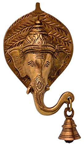 Purpledip Messing Antik-Finish Ganesha-Kopf mit Glocke Wandbehang (10768b)