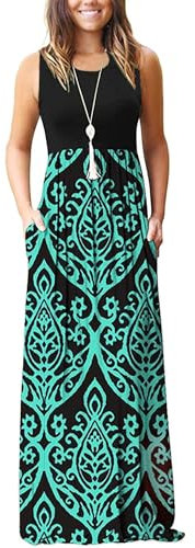 AUSELILY Summer Dresses for Women Casual Sleeveless Ladies Maxi Dress Long with Pockets Black Green XL