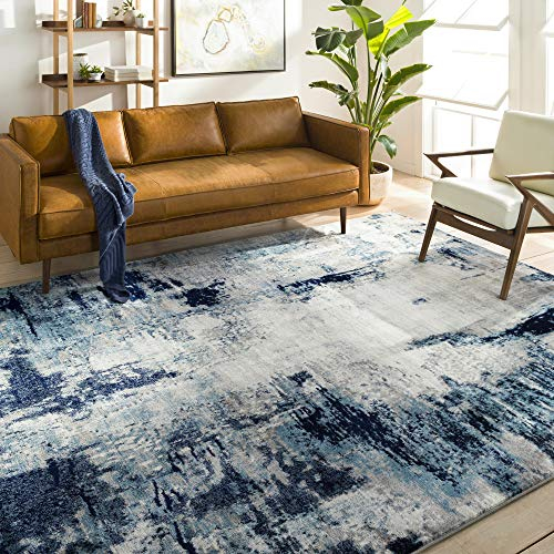 Livabliss Helsinki Wohnzimmer Teppich modern - Abstraktes Design in Marmoroptik für Wohnzimmer, Esszimmer, Schlafzimmer - Großer, weicher Kurzflor-Teppich in Blau, Weiß und Grau