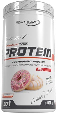 Best Body Nutrition Gourmet Premium Pro Protein, Birthday Donut, 4 Komponenten Protein Shake: Caseinat, Whey Konzentrat, Whey Isolat, Eiprotein, 500 g Dose