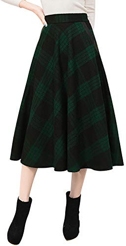 StarTreene Jupe Longue en Laine à Carreaux pour Femme avec Poches Style rétro - Vert - 42