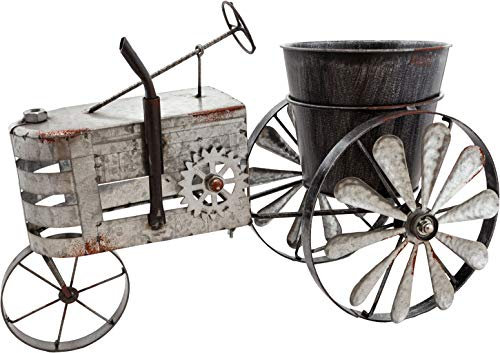 BRUBAKER Vintage Traktor Windspiel zum Bepflanzen aus Metall - 23 x 29,5 x 43 cm - mit 2 Windrädern und Pflanztopf - wetterfest - Silber