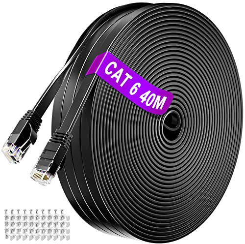 ikbc Cable Ethernet 40 Metros Cat 6, Cable de Internet Alta Velocidad Cable RJ45 40 metros Plano, Gigabit Cable LAN 40m Cable de Red UTP Impermeable Cable Wifi para PS4/5 Rúter (40 Clips)