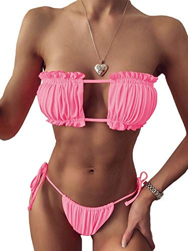 BIKINX Ensemble Bikini Sexy pour Femme - Maillot de Bain à Volants - Micro Bandeau - 2 pièces - Bas de Bikini, Rose, Large(8-10)