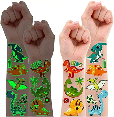 Leesgel Dino Tattoo Kinder, 120 Stück Leucht Kindertattoos Dino Aufkleber Sticker fürGeschenk Junge ab 5 6 7 8 9 Jahre, Dinosaurier Spielzeug Mitgebsel Kindergeburtstag Schultüte junge