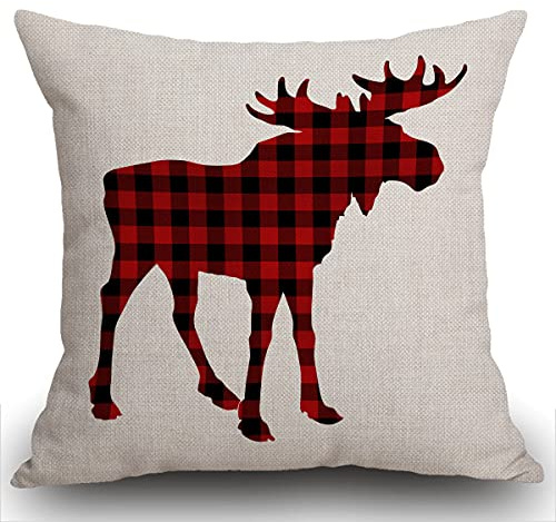 Smooffly Dekoratives Kissenbezug mit Elch-Motiv, Rot und Schwarz Schachkaro, Schottischer Büffel, Baumwolle/Leinen, Quadratisch, Sofa-Kissenhülle 45x45 cm