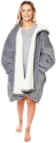 Sienna Übergroße Hoodie Decke mit Reißverschluss, Kapuzenpullover, tragbare Decke, für Damen und Herren, mit Kapuze, gemütlich, warm, Sherpa-Fleece-Cardigan, Einheitsgröße – Anthrazit