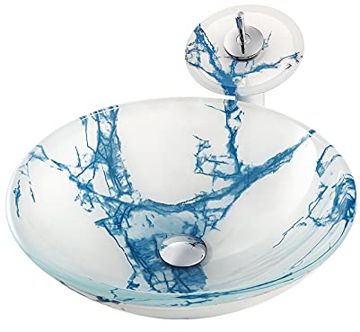 SHUGUANG Lavabo de Vidrio Templado, Lavabo Cristal Templado Ronda Lavamanos Cristal Baño, Lavabo sobre Encimera para Baño con Grifo de Cascada, Anillo de Montaje, Drenaje de Agua, 420×420×145mm,Azul