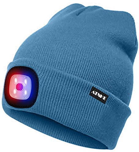 ATNKE LED Beleuchtete Mütze,Wiederaufladbare USB 4 LED Rot und Blau Leuchten Blinkender Laufmütze mit Licht Extrem Heller Lampe Winter Warme für Herren und Damen Geschenke/Magnolia Blue