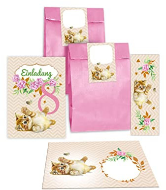 Junapack 12 Einladungskarten zum 8. Kindergeburtstag achte Geburtstag Mädchen Katze incl. 12 Umschläge, 12 Tüten/rosa, 12 Aufkleber, 12 Lesezeichen