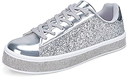 UUBARIS Damen-Tennis-Sneaker, glitzernd, neonfarben, glitzernd, Strass, Bling, Hochzeit, Brautschuhe, glänzende Paillettenschuhe, Silber Glitter, 39 EU