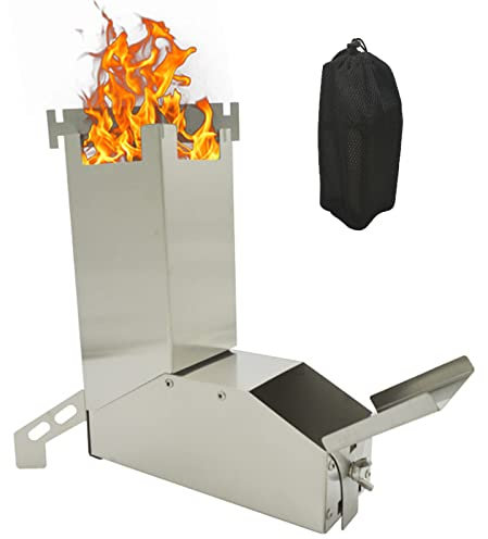 Raketenherd Tragbarer Raketenofen Campingkocher Zum Wandern und Backpacking Stahl Leistungsstarke Effiziente Holzverbrennung mit Geringer Rauchentwicklung Ablösbar,Silver,25.5x29cm