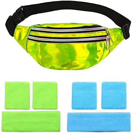 CHRI 80er Jahre Bauchtasche Stirnband Neon, 80er 90er Jahre Outfit Damen Accessoires mit Armbänder und Stirnband Verstellbarer Hüfttasche Wasserdicht für Retro Party Thema Karneval (Grün)