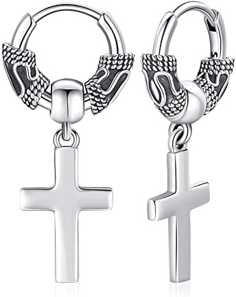 Kreuz Ohrringe Herren Silber 925 Creolen Ohrringe mit Kreuz Anhänger Kreuz Ohrstecker Hängend Kreuz Creolen Medizinischer Ohrringe Kreuz Schmuck für Herren Männer…