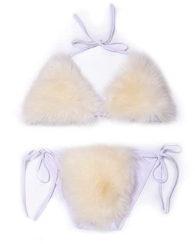 ZOSCGJMY Damen-Bikini-Set, Kunstfell, Neckholder, Triangel-Bikini-Set, zweiteiliger Badeanzug