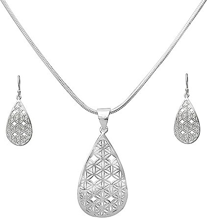 Nature Rebel Blume des Lebens Schmuck Set 925 Silber Tropfenform Halskette Anhaenger Ohrringe