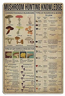 Cartel de conocimientos de caza de hongos, letrero de metal para pared, decoración vintage retro, letrero de aluminio para decoración del hogar, bar, tienda, cueva de hombres, garaje, interior, 12 x 8