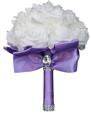 KOLACEN Bouquet da sposa per sposa, fiori da sposa per matrimonio, damigella d'onore, bouquet da sposa con rose in seta e diamanti, bouquet di fiori artificiali per chiesa, feste di nozze (viola)