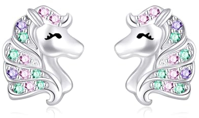 Einhorn Ohrringe 925 Sterling Silber Cubic Zirkonia Ohrstecker - Niedliches Pferd Schmuck Geburtstags Geschenke für Damen, Frauen, Mädchen, Tochter und Einhorn Liebhaber