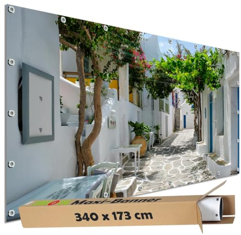 TRIOSK Sichtschutz Garten Dekoration Plane groß mit Natur Motiv Griechenland Gasse Naousa Motivbanner Blickdicht für Terrasse Zaun Gartenzaun Gartenposter PVC Zaunblende 340x173 cm