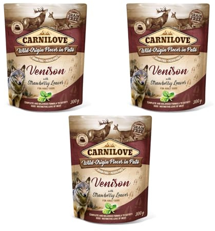 CARNILOVE Pouch Paté Venison & Strawberry Leaves | 3er Pack | 3 x 300 g | Alleinfuttermittel für Hunde | Hirsch & Erdbeere | Getreidefrei | Exotischer Fleischgeschmack