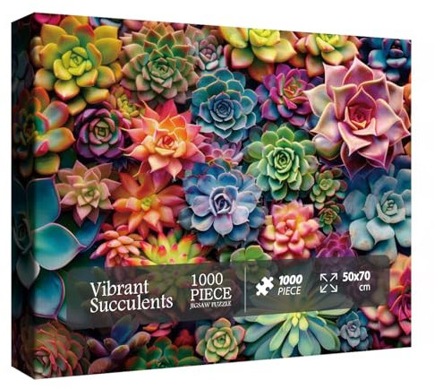 Succulent Puzzle for Adults 1000 Pieces Nature, Colorful Plant Jigsaw Puzzle, Pretty Houseplant Puzzle
