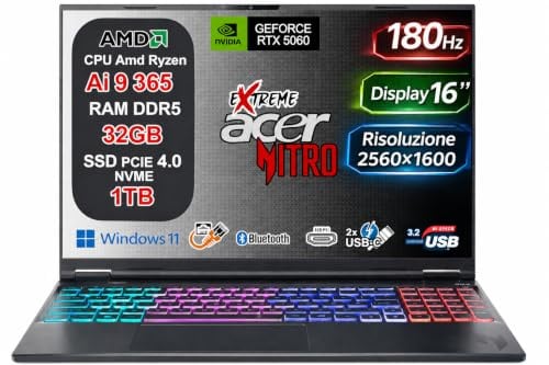 Acer Nitro 16S AI Copilot+ PC Gaming Notebook, Ryzen AI 9 365, RTX 5070 8GB GDDR7, 32GB DDR5 5600MHz, 1TB SSD PCIe, 16 WQXGA 2560x1600 180Hz, Tastiera RGB 4 Zone, USB4, 2.5G LAN, Wi-Fi 6E, Win 11