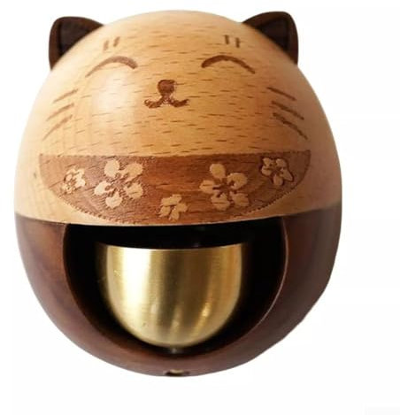 Japanese Lucky Cat Door Chime, Ebony Wood and Brass Bell, Classic Design