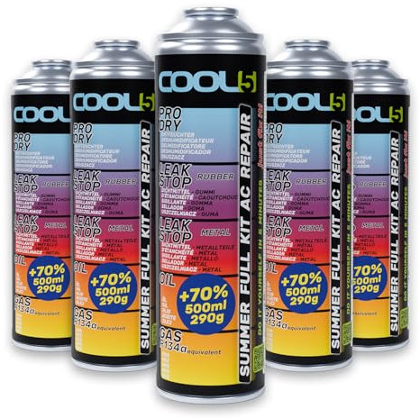 Cool5 Summer - Kit completo de reparación AC 5 en 1, 5 unidades, gas de repuesto, aceite para aire acondicionado, sellador para piezas de aluminio y goma, desecante, para vehículos 1995-2016, paquete