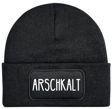 Beanie - Wollmütze mit Spruch: Arschkalt - Strickmütze lustig als Geschenk für Freund, Mann und Männer oder Freundin, Frau - Kappe, Mütze (DE/NL/SE/PL, Alphanumerisch, Einheitsgröße, Schwarz)