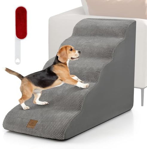 COSTWAY Hundetreppe 5 Stufen, rutschfeste Hundestufe aus Schaumstoff, 30kg belastbar, Haustiertreppe für Hunde Katzen, Katzentreppe Abnehmbar, Hunde Treppe für Sofa Bett, Waschbarer Bezug (Grau)