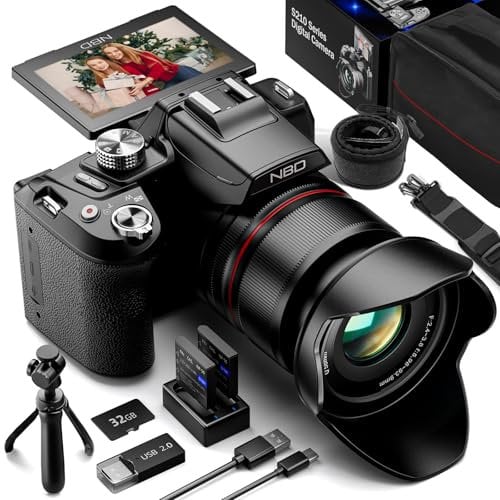 NBD Cámara Digital 5K 64MP: Enfoque Automático, Zoom Óptico 16X & Pantalla Abatible 3 180°, WiFi/HDMI – Incluye Tarjeta 32GB + Kit Limpieza(Negro)