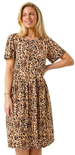 Roman Stretch Dress with Pockets for Women UK - Ladies Jersey Gathered Waist Spring Summer Knee Length Smart Casual Work Cocktail Party Going Out Fit & Flare Dinner - Petite Noir Beige - Size 12