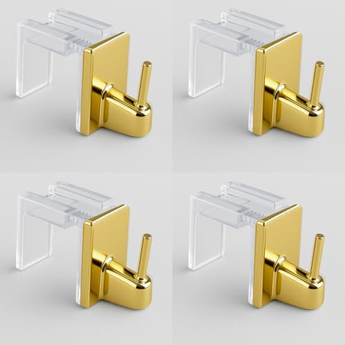 Byour3 - Set 4 pz Ganci per Tenda Senza Bucare - Trasparenti regolabili per Bastoni per Tende a Vetro Supporti x Aste finestra SENZA FORARE infisso - Gancini tende NO FORO (Oro Lucido, da 6 a 9 mm)
