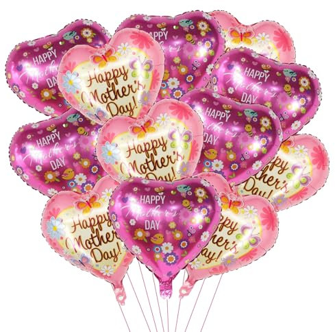 12 Stück Happy Mothers Day Luftballons, Muttertags-Folienballons, rosa Herzballon-Dekorationen, Aluminiumfolie Blumenballon mit Band für Mutter Geburtstag Party Dekorationen Supplies